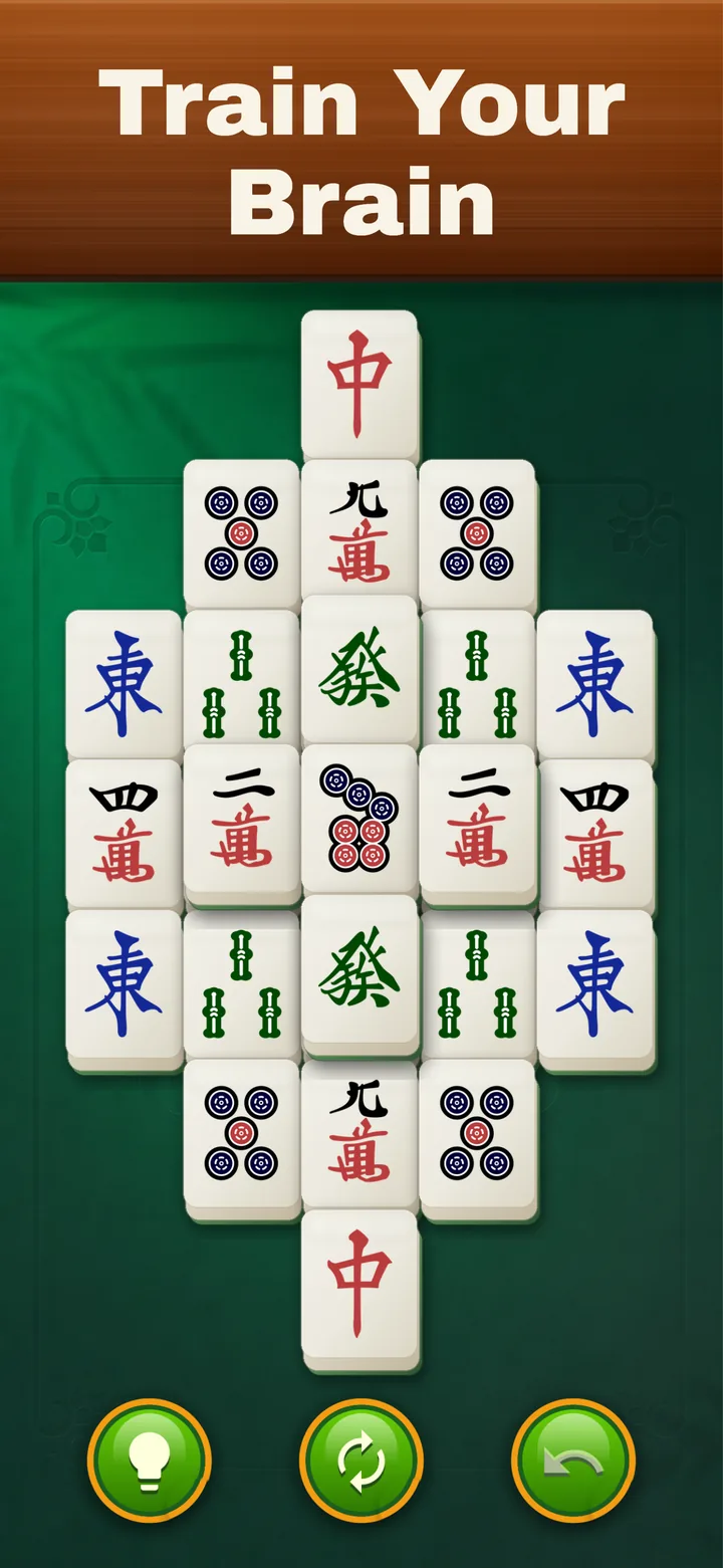 Mahjong Elite on iPhone: A symmetric tile layout under the heading “Train Your Brain”
