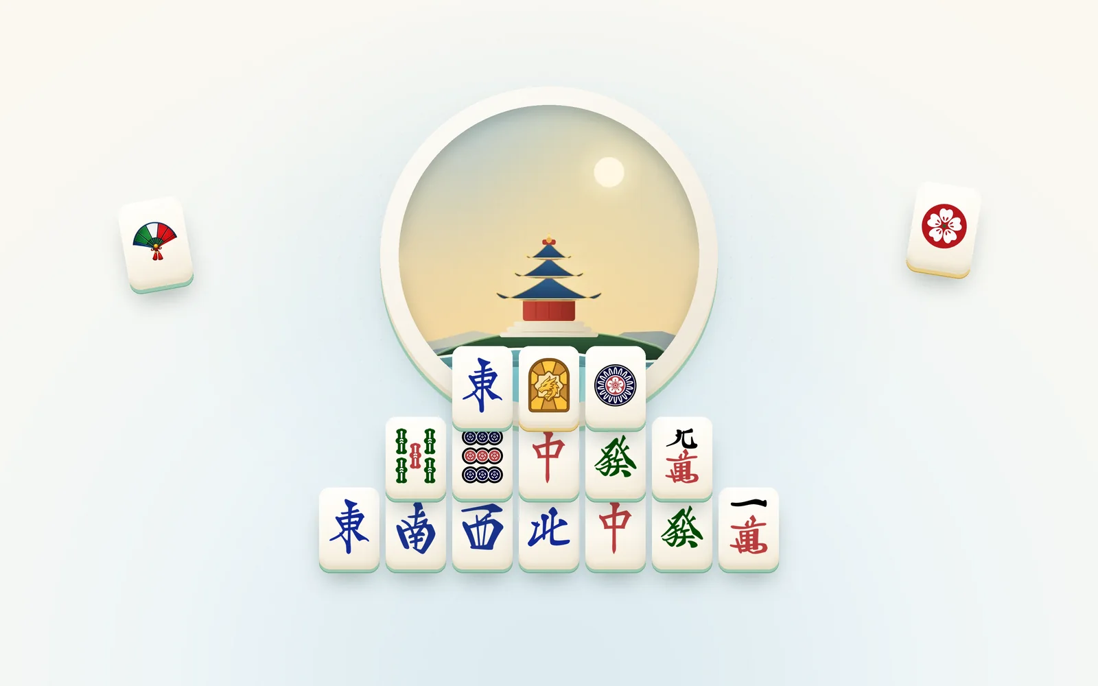 A stepped pyramid of mahjong tiles in front of a round window onto a sunlit pagoda