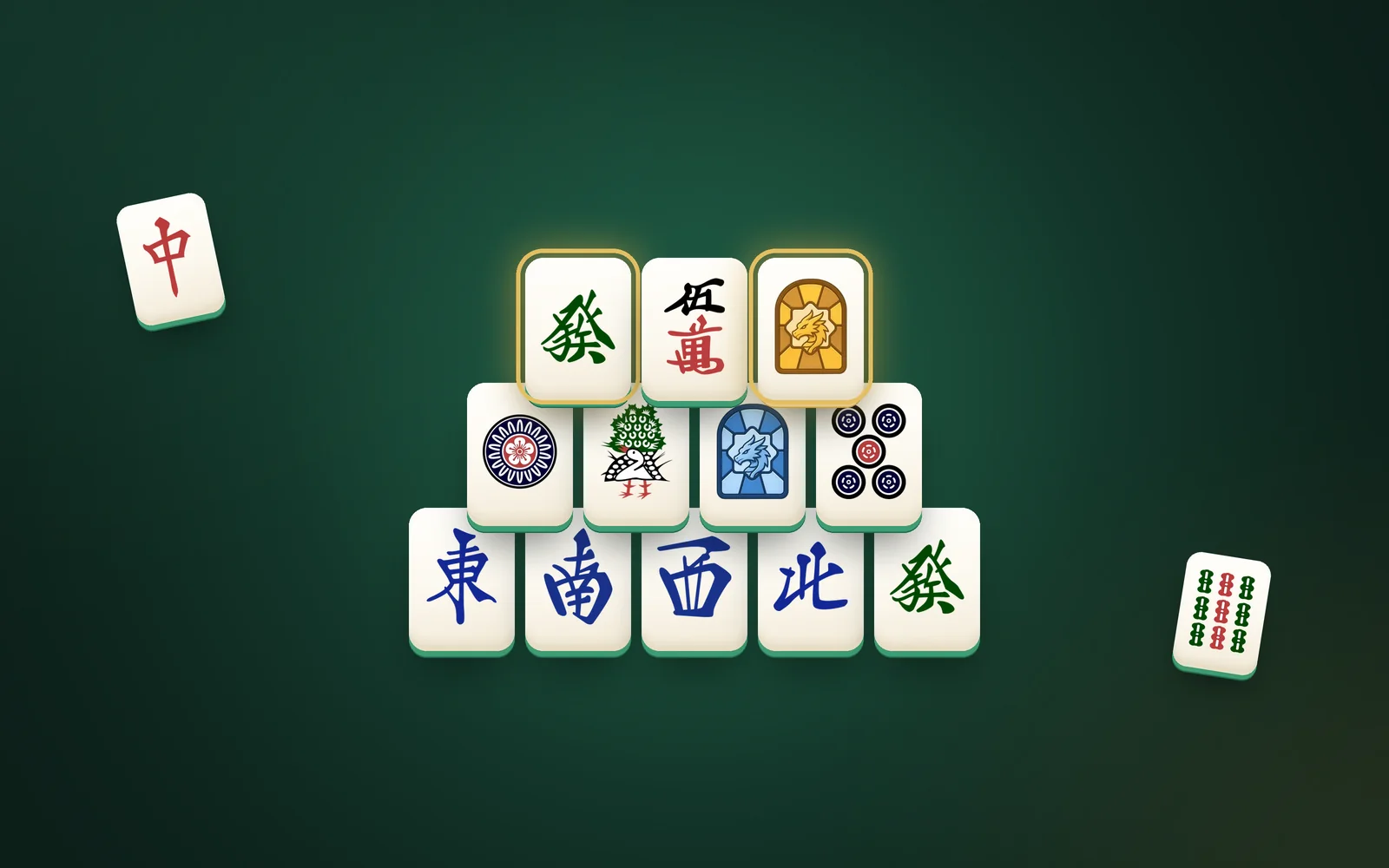 A pyramid of mahjong tiles with the top row highlighted in gold on a green table