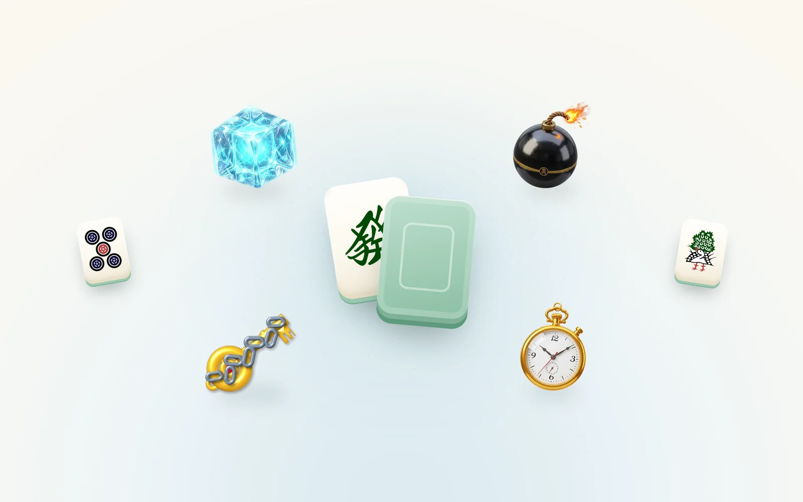 An ice cube, a bomb, a key and a stopwatch around a face-down mahjong tile