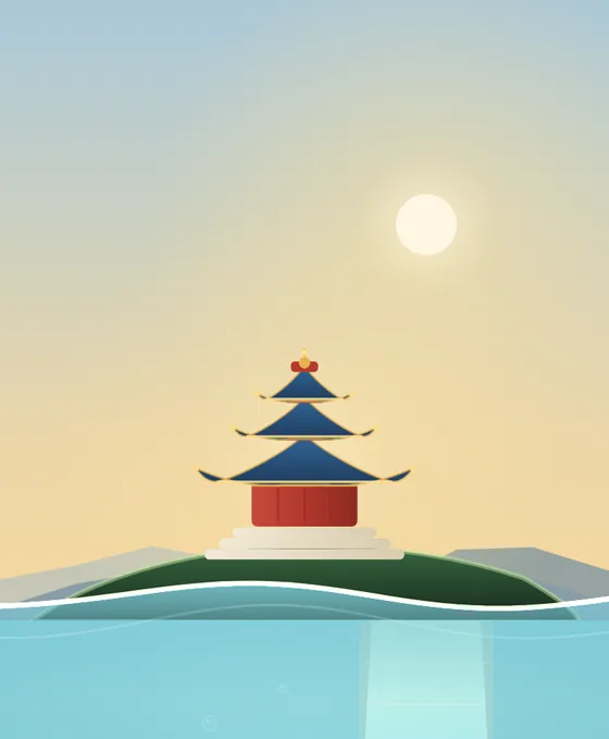 World 1, Celestial Pagoda: A sunlit island temple where the journey begins.