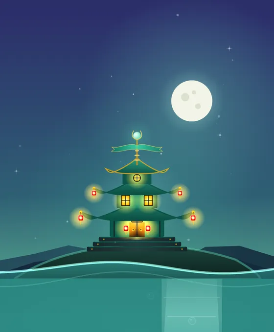 World 3, Dragon Shrine: A moonlit jade shrine guarded by lanterns.