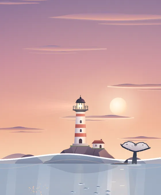 World 6, Whale Migration: A lighthouse at dusk and whales gliding below.