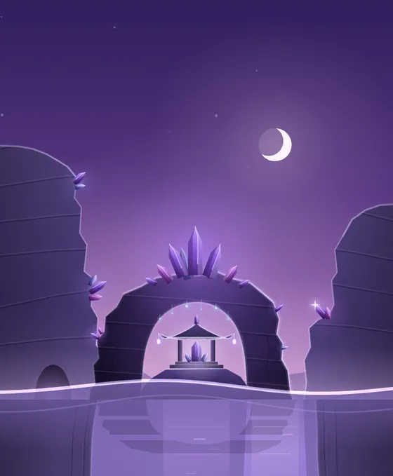 World 8, Amethyst Caves: Violet crystal arches and a shimmering portal.